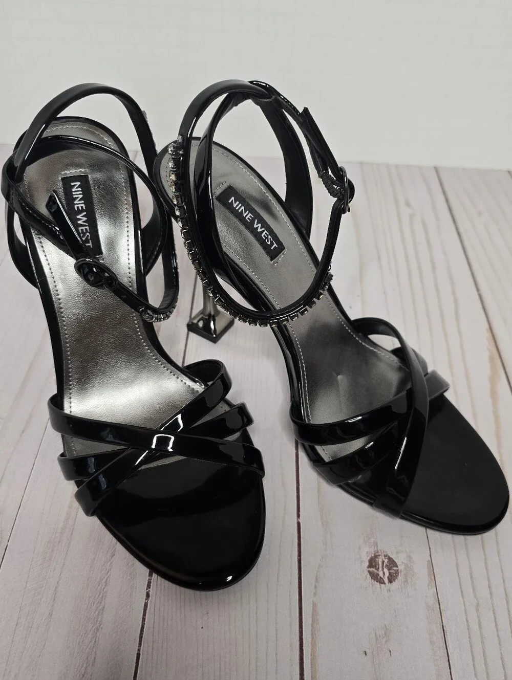Nine West Black Patent Nora Ankle Strap Crystal Heel Sandal